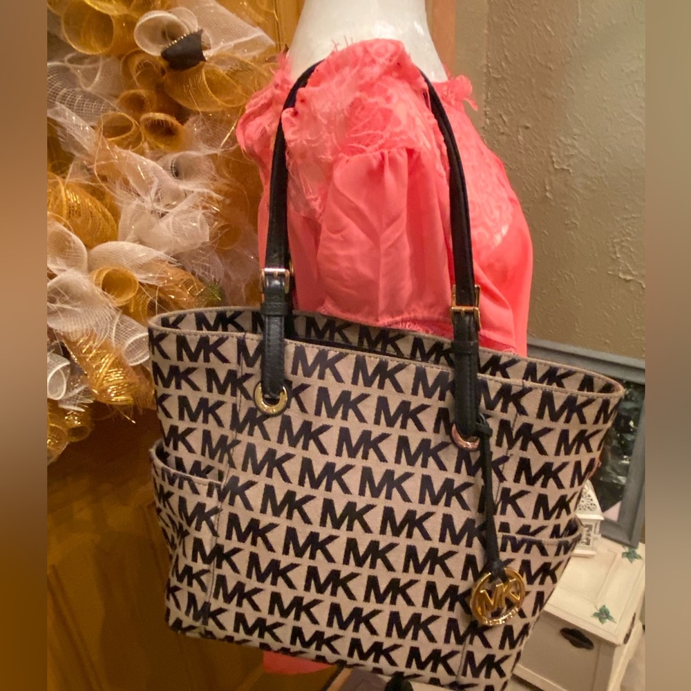 Michael Kors monogram black and grey shoulder bag gold hardware